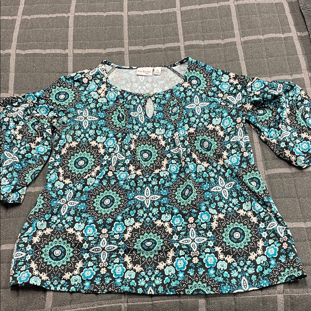 Kim Rogers Blue and Black Floral Blouse